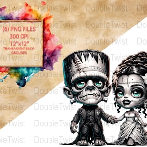 Frankenstein and Bride PNG Clipart, Cute Halloween Digital Download, Gothic Wedding Art, Kawaii Monster Couple Clipart, Sublimation, DTF