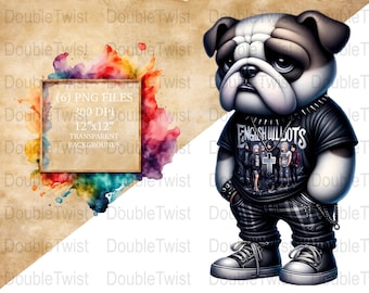 Emo English Bulldogs Clipart, Cute Goth Dog PNG, Digital Download, Pet Illustration, Rocker Bulldog Graphics, Printable Sublimation Design