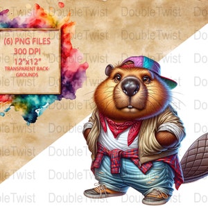 Cute Street Beaver Clipart Bundle, Hip Hop Beaver Illustrations, Cartoon Beaver Characters, Digital Download, Printable Artwork