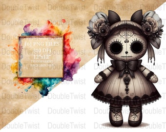 May include: A digital illustration of a skeletal doll wearing a black and white dress with a black bow. The doll has black eyes and a white skull face with black details. The doll is surrounded by white flowers.