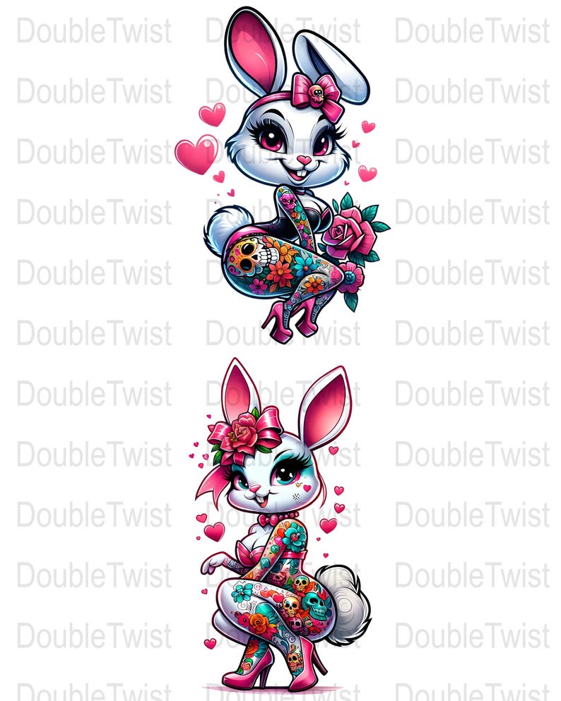 Pin-up Bunny Clipart Set, Cute Bunny PNG, Tattoo Style Bunny Art ...