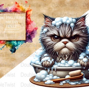 Cute Cat Bath Clipart Bundle, Kitten PNGs, Digital Download for Sublimation, Funny Pet Illustration, Craft Supplies, Cartoon Cats