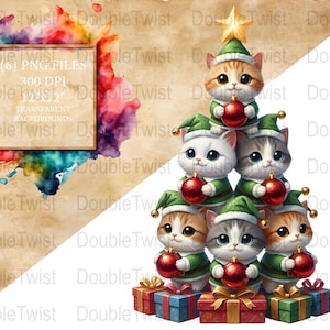 May include: A digital illustration of a Christmas tree made of cartoon cats wearing green elf outfits and holding red ornaments. The tree is topped with a gold star. The image includes a watercolor splash and text that reads "(6) PNG FILES, 300 DPI, 12x12, TRANSPARENT BACKGROUNDS."