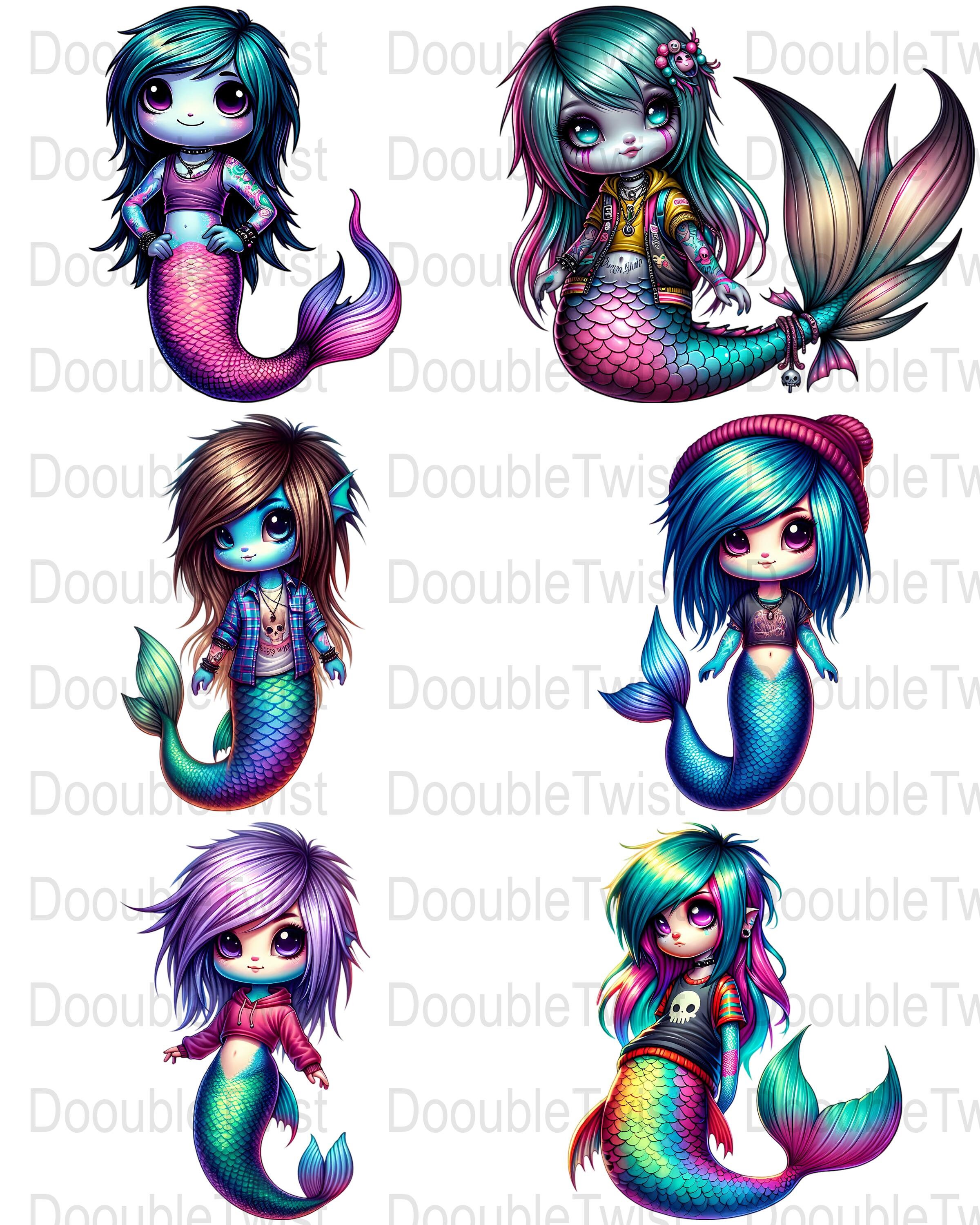 Cute Emo Mermaid Clipart Set 02, Digital Download, Kawaii Mermaid Art ...