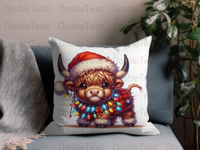 Christmas Highland Cow With Christmas Lights Png Sublimation Design