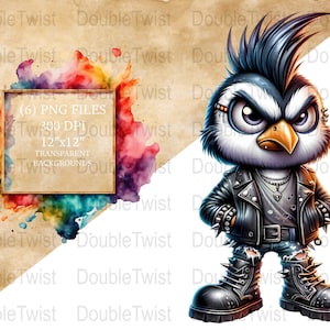 Imágenes prediseñadas de pingüinos punk rock, ilustración de pájaro punk vanguardista, descarga digital, gráficos de animales geniales