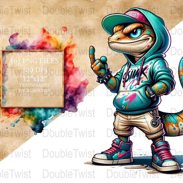 Graffiti Lizard Clipart, Lagarto estilo streetwear urbano, archivos PNG coloridos, diseño de reptiles de hip hop, descarga digital, fondo transparente