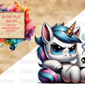 Puede incluir: Ilustración digital de un unicornio enfadado con pelo azul y cuerno dorado, sosteniendo una taza de café con un diseño de calavera. La imagen incluye el texto "(6) PNG FILES 300 DPI 30.48cm x 30.48cm TRANSPARENT BACKGROUNDS".