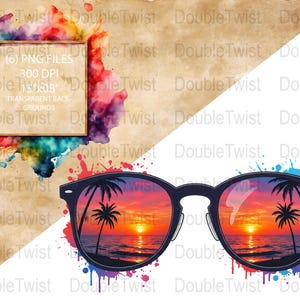Sunset Sunglasses Clipart Bundle, Tropical PNG, Beach Sublimation, Palm Tree Ocean Digital Download, Travel Planner Decor