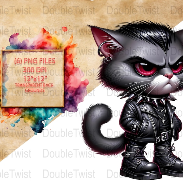 Goth Cat Digital PNGs, Black Cats in Leather Jackets, Cute Emo Kitty Clipart, Instant Download for Crafts and Designs