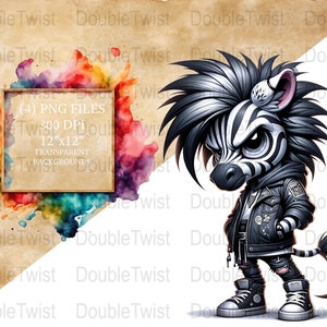 Imágenes prediseñadas de cebra punk, animal urbano PNG, descarga digital, gráficos atrevidos, diseño de cebra hipster imprimible, imagen de proyecto de bricolaje