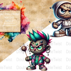 Punk Voodoo Puppen Clipart, Streetwear-Stil, digitale PNG-Dateien, Sofort Download, Urban Gothic Grafik, Urban Voodoo Illustrationen