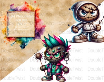 Könnte beinhalten: Zwei digitale Illustrationen von genähten Puppen im Punkrock-Stil. Eine Puppe trägt ein weißes Hoodie und Jeans, die andere eine grün-schwarze Jacke mit einem Irokesenschnitt. Beide Puppen haben große Augen und halten Nadeln.