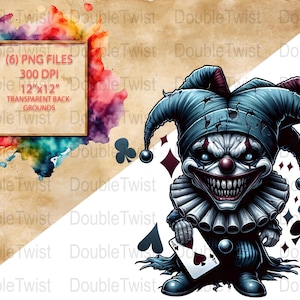 Clipart de bobo da corte assustador, Palhaço negro PNG, Arte de carta de baralho assustadora, Jogos de terror para imprimir, Designs de camisetas e artesanato