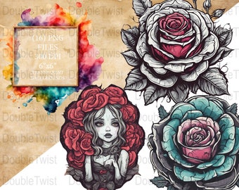 Gothic Rose PNG Clipart, Tattoo Style Floral Art (Digital Download)