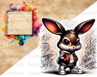 Paquete de imágenes prediseñadas de conejos con grafitis urbanos, PNG de conejos urbanos para arte digital, sublimación, camisetas, ropa infantil, diseños de hip hop y planificadores.