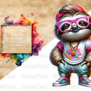 May include: A cartoon sloth wearing a pink hat, pink sunglasses, a white t-shirt with a colourful paint splatter design, and blue jeans. The sloth is holding its hands in its pockets and is wearing a gold chain necklace. The background is a watercolour wash of rainbow colours.