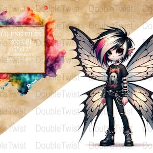 May include: Digital art featuring a gothic fairy with black and white hair, wearing a black t-shirt with a skull graphic and ripped black pants. The fairy has large, detailed wings. The image includes a watercolor splash and text that reads "(6) PNG FILES 12"x12" TRANSPARENT BACKGROUNDS".