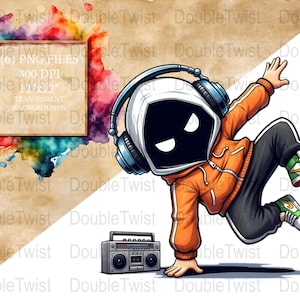 Könnte beinhalten: Digitale Illustration eines Breakdance-Charakters mit orangefarbenem Kapuzenpullover, schwarzer Hose und grünen Turnschuhen mit Kopfhörern. Eine Boombox befindet sich unten links. Ein Aquarellspritzer und ein gerahmtes Textfeld befinden sich im Hintergrund.