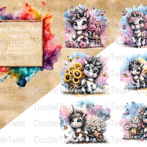 Wunderliches Einhorn, das Blumen-Warenkorb PNG-Clipart-Set zieht, niedliche Einhörner mit Blumen PNG, magische Einhornkunst, Sublimation, Scrapbooking