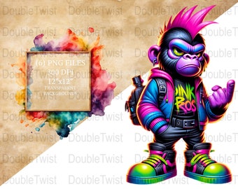 Neon Punk Gorilla Clipart, Colorful Punk Ape PNG, Digital Download, Street Art Style, Graffiti Monkey, Urban Jungle Graphics