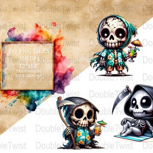 Grim Reapers on Vacation, (9) PNG, Beach Party Digital Download, Hawajska koszula Reaper Graphics, Tropikalna ilustracja czaszki