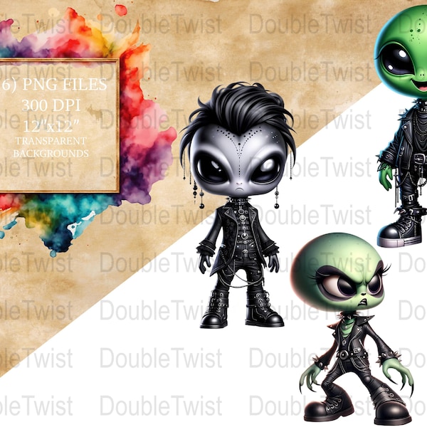 Goth Aliens PNG Pack, Cute Punk Alien Clipart, Dark Emo Characters Download, Goth Sci-Fi Graphics, Printable Alien Art, DIY Projects