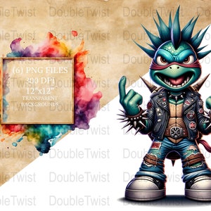 Imágenes prediseñadas de tortugas punk rock, archivos PNG coloridos, descarga digital, tortugas alternativas atrevidas