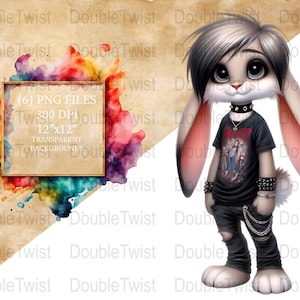 Könnte beinhalten: Eine digitale Illustration eines Cartoon-Kaninchens, das ein schwarzes T-Shirt mit einem Band-Logo, schwarze Jeans und Nietenarmbänder trägt. Das Kaninchen hat graues Fell, lange Ohren und große Augen. Der Hintergrund ist ein Aquarell-Wasch in Regenbogenfarben.