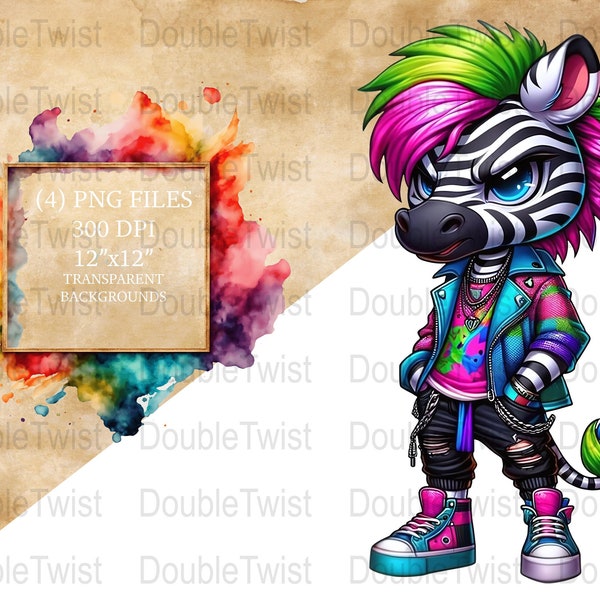 Colorful Punk Zebra Clipart, Streetwear Zebra PNG, Urban Animal Graphics, Vibrant Digital Art, T-shirt Design File, Instant Download