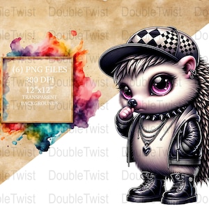 Emo hérissons Clipart PNG, animaux gothiques mignons, téléchargement numérique, graphismes scrapbooking, illustrations punk hérisson, icônes de la sous-culture sombre