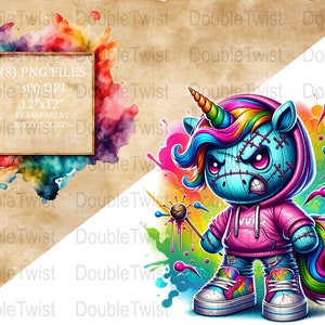Clipart di bambola voodoo unicorno in stile graffiti, (8) sfondo colorato con schizzi di vernice, file PNG digitale, magia della street art, design fantasy urbano