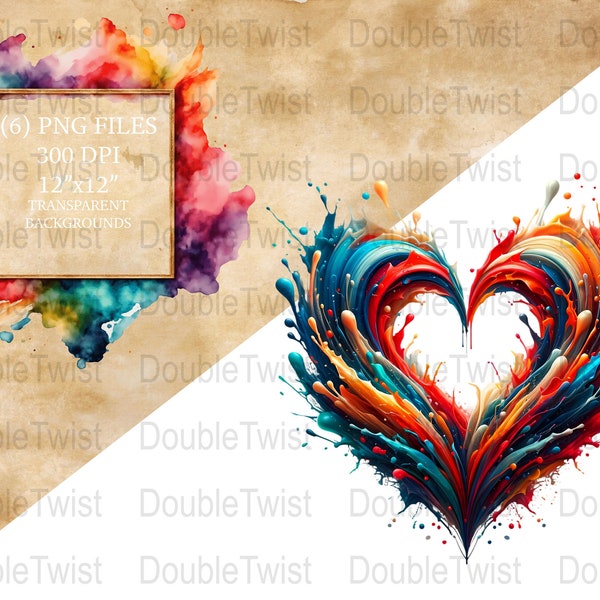 Colorful Paint Splash Heart PNGs, Abstract Art Heart Clipart, Digital Download, Vibrant Love Symbols, Artistic Design Elements