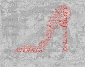 Bougie Word Cloud Art, Designer Shoe Brands PNG, Unique Wall Decor or T-Shirt Design. Perfect Gift for Fashion Lovers