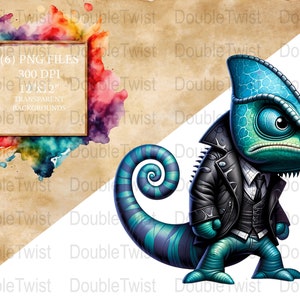 Clipart PNG di camaleonti gotici, rettili gotici, download digitale, illustrazione di lucertola nervosa, camaleonte blu in giacca di pelle, arte creativa