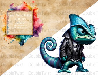 Goth Chamäleons PNG Clipart, Gothic Reptilien, Digital Download, Edgy Lizard Illustration, Blaues Chamäleon in Lederjacke, Kreative Kunst