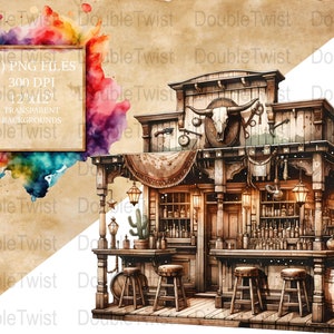 Clipart vintage del vecchio West Saloon, PNG del bar occidentale, download digitale, arredamento rustico del selvaggio West, scrapbooking, arte stampabile, tema cowboy