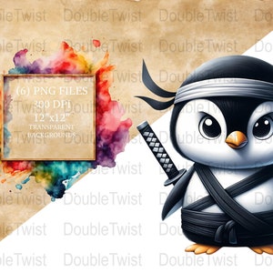 Niedliches Ninja Pinguine Clipart Set, Cartoon Martial Arts Vögel PNG, digitaler Download, Kinder Aufkleber Grafiken, Scrapbooking, Planer Icons