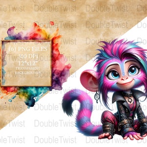 Puede incluir: Una ilustración digital de un mono rosa y azul con pelo morado que lleva una chaqueta de cuero negra y pantalones. El mono está sentado sobre un fondo blanco.