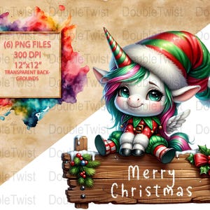 May include: A digital illustration of a festive unicorn wearing a red and green Christmas hat and outfit, sitting on a wooden sign that reads "Merry Christmas." The sign is decorated with holly and a red bow. A framed graphic with text is on the left.
