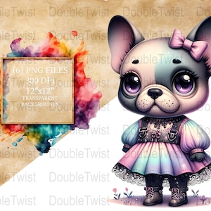 Pastel Emo French Bulldog PNGs, Cute Cartoon Bulldog Clipart, Digital Download, Kawaii Dog Graphics, Planner Stickers, T-Shirt Design
