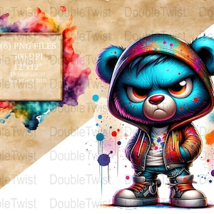 Graffiti Bear Clipart, Urban Streetwear Bear PNG, Arte de pelúcia colorida, Download digital, Fundo transparente, Gráficos de camiseta