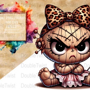 Adorable Grumpy Voodoo Doll with Bow PNG Clipart, Cute Voodoo Doll Artwork, Leopard Print Bow Voodoo Doll Design, Fun Digital Clipart