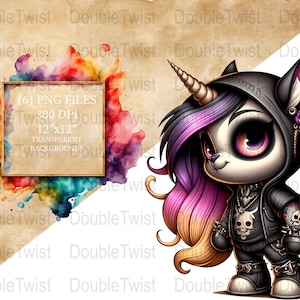 May include: A digital illustration of a cartoon unicorn with a black hooded jacket, black pants, and a skull and crossbones design. The unicorn has pink and yellow hair, a black skull necklace, and a skull and crossbones design on its arm. The unicorn has a black skull on its jacket and a black skull on its pants.