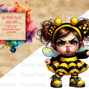 Bumblebee Toddler Clipart Set, Cute Angry Bee Girl Illustrations, Digital Download for Crafts and Decor, Commercial Use