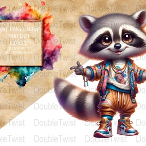 Clipart espiègle de raton laveur, style streetwear, PNG animal urbain, fond transparent, design mignon de raton laveur, illustration de mode pour enfants