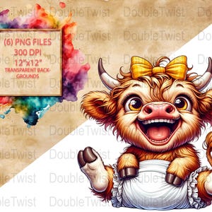 Schattige baby hooglandkoe PNG, gele strik clipart, schattig cartoon kalf, T-shirt afbeelding, scrapbooking, inrichting kinderkamer, instant download,