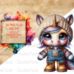 Clipart de licorne country, dessin animé mignon de licornes en salopette, bonnet fichiers PNG