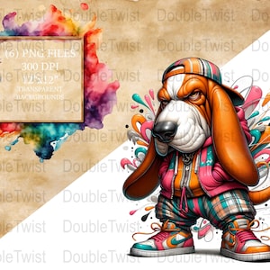 Stedelijke stijl Basset Hound PNG, graffitikunst hond clipart, streetwear hiphop puppyafbeeldingen, digitale download, afdrukbare hondenafbeeldingen