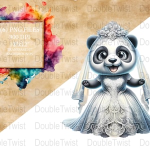 Clipart bruidspanda, schattige panda in trouwjurk png, digitale download, transparante achtergrond, scrapbooking, uitnodigingen